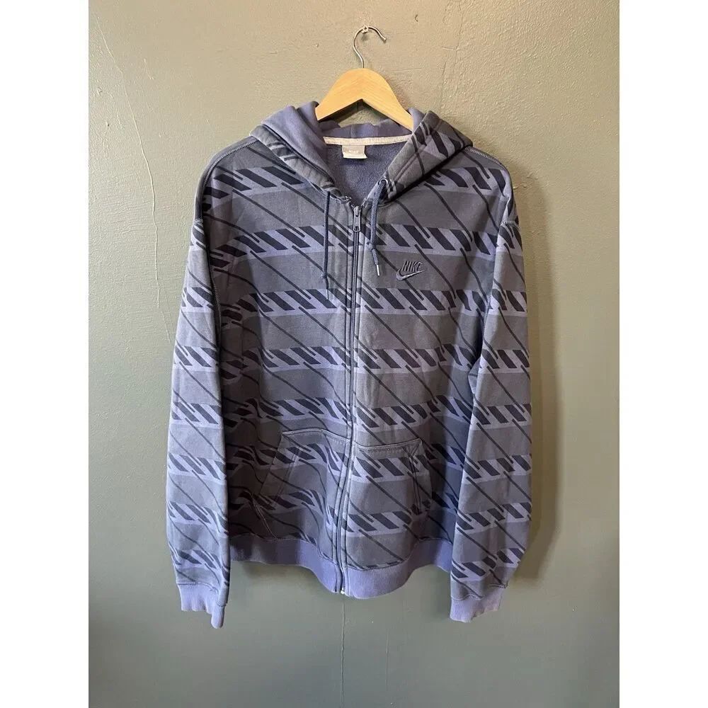 Y2K Nike Mens Blue Striped Full Zip Hooded Sweatshirt Size 2XL